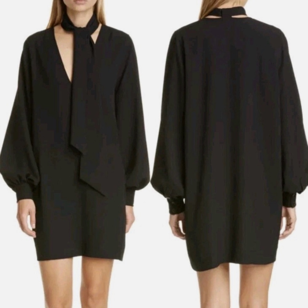 Ganni Black Long-Sleeve Mini Tie-Neck Dress